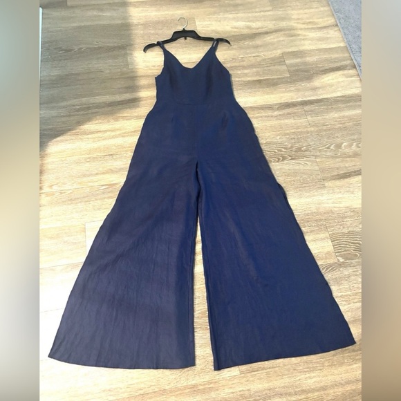Minimalist Jumpsuit Navy Split Wide Leg Women Sleeveless Coastal Linen Backless - Picture 1 of 13